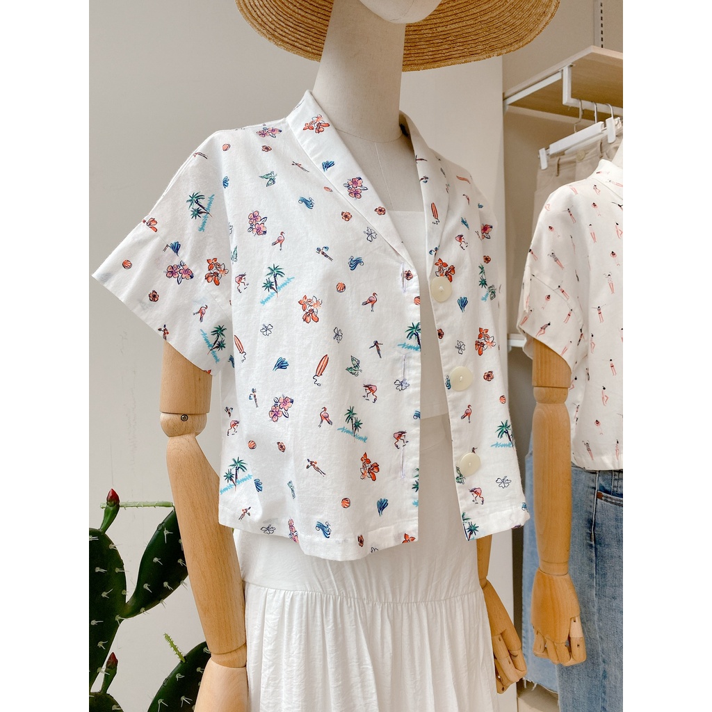 Áo sơmi dáng croptop cổ bẻ vải in họa tiết MIEU - HO11