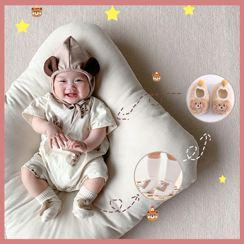 Bộ Áo Liền Quần In Hình Gấu + 1* Mũ Cotton Dễ Thương Thời Trang Mùa Hè Cho Bé Sơ Sinh 0-2 Tuổi
