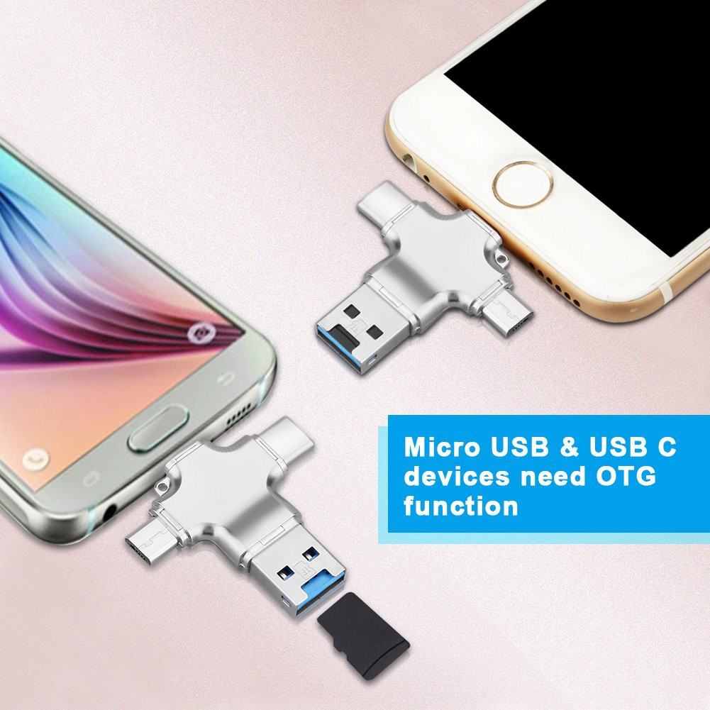 Đầu cắm 4 trong 1 chuẩn Lightning Type C Micro USB USB TF Card cho iPhone iPad Smartphone Camera và máy tính