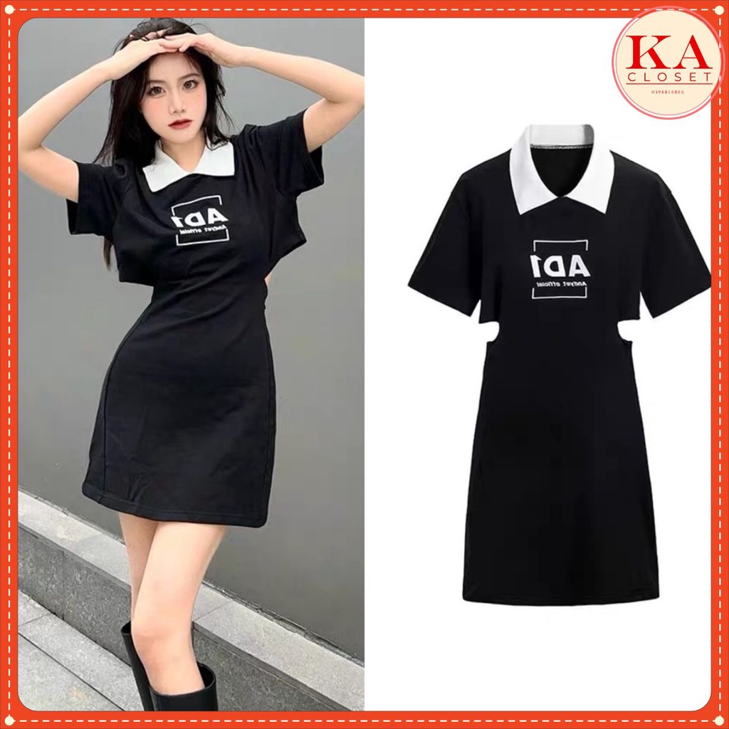 Váy cổ bẻ AD1 chất bo cotton dầy đẹp, tôn dáng, cổ áo bo dệt, phong cách Hàn Quốc