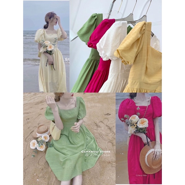 Váy đũi cổ vuông tay bồng có 4 màu siêu xinh