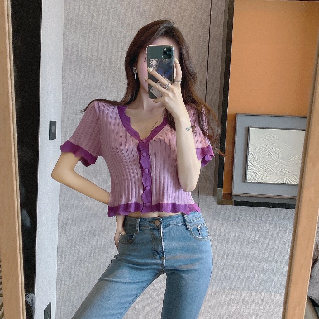 CHIKITO | Áo Len Cardigan Ngắn Tay Cổ V - Áo Croptop Quảng Châu 2 Màu Tím - Vàng Kiểu Dáng Ulzzang