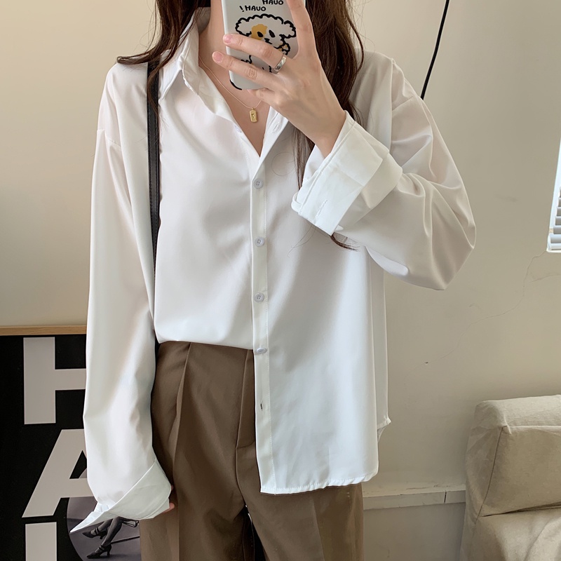 SUXI Áo sơ mi nữ tay dài cổ bẻ đơn giản phong cách Hàn Quốc