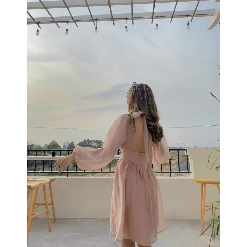 ẢNH THẬT TRẢI SÀN - ĐẦM MIDI HỒNG TAY DÀI NƠ CỔ