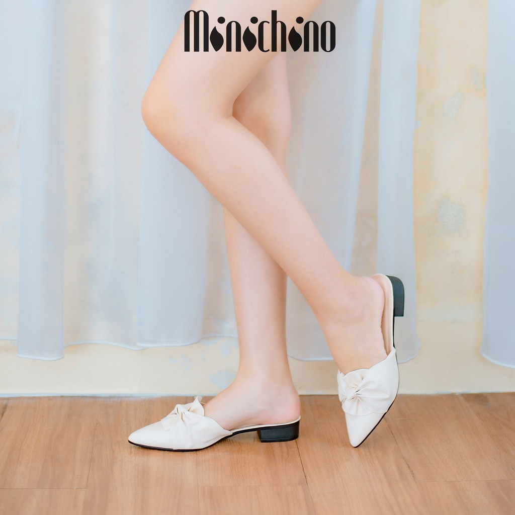 Giày sục nữ gót cao 3cm MINICHINO xoắn nơ mũi nhọn thời trang hở gót màu đen TC019 | BigBuy360 - bigbuy360.vn