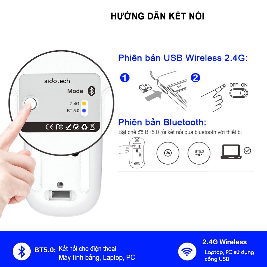 Chuột máy tính bluetooth không dây SIDOTECH M1P tắt tiếng chống ồn pin sạc 2 tháng 1 lần laptop tablet mabook văn phòng