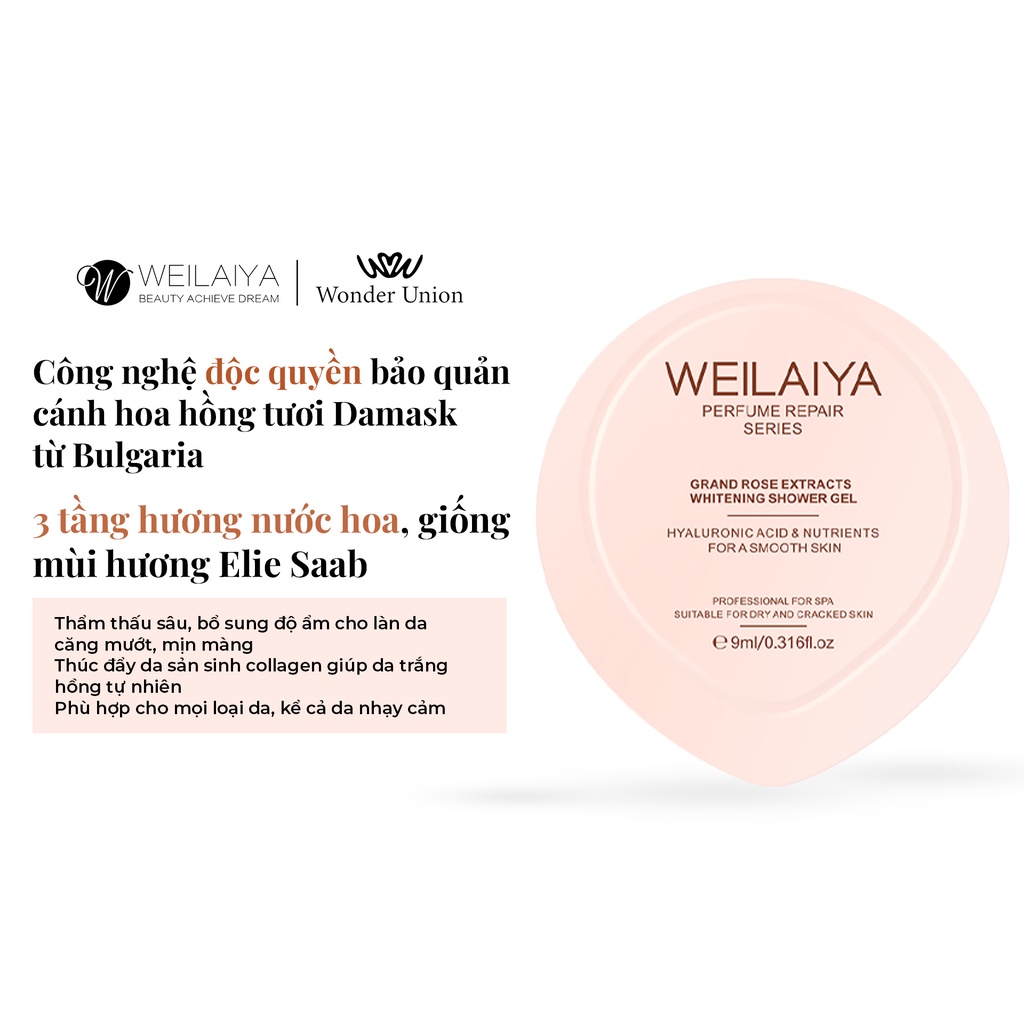 Sữa tắm nước hoa, trắng da toàn thân Damask Weilaiya chiết xuất cánh hoa hồng phù hợp cho mọi loại da size du lịch 9ml
