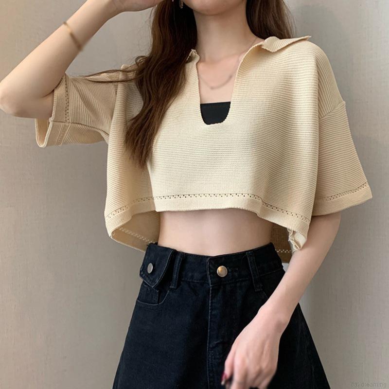 Áo Croptop Dệt Kim Tay Ngắn Thiết Kế Cổ Chữ V Quyến Rũ