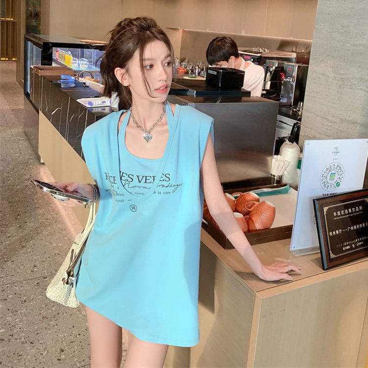 Set Áo Thun Sát Nách Màu Xanh Dương Và Chân Váy Xòe Phong Cách Hàn Quốc Dành Cho Nữ