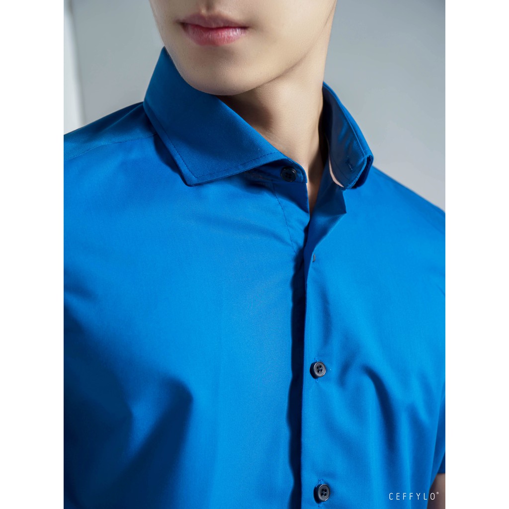 Sơ mi nam cộc tay trơn Xanh Dương cao cấp CEFFYLO chất Cotton Lụa mềm co giãn nhẹ