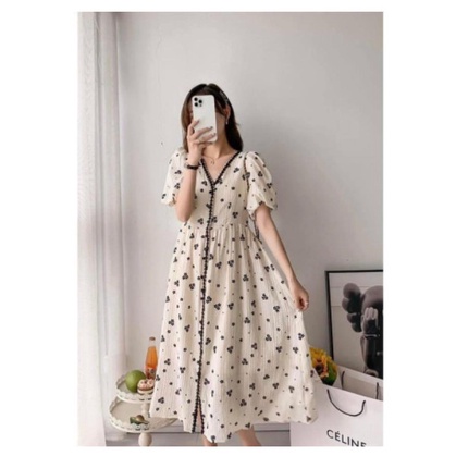 Váy bầu _đầm bầuthiết kế màu trắng hoa nhí chất đũi siêu mát