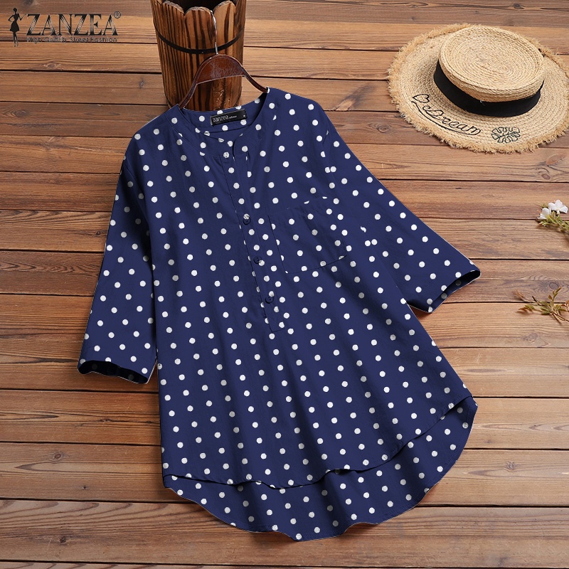 ZANZEA Áo Kiểu Cổ Tròn Tay 3 / 4 Họa Tiết Chấm Bi Phong Cách Cổ Điển Dành Cho Nữ
