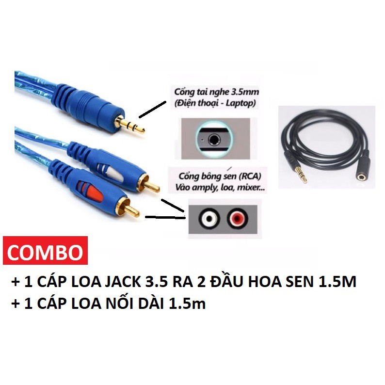 [Mã ELORDER5 giảm 10k đơn 20k] Combo Cáp loa jack 3.5 ra 2 đầu hoa sen dài 1.5M chống nhiễu kèm 1 cáp loa nối dài 1.5M