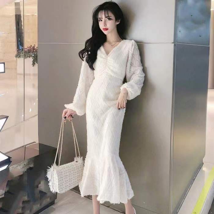 Đầm đuôi cá tay dài cổ chữ V thời trang cho nữ