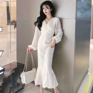 Đầm đuôi cá tay dài cổ chữ V thời trang cho nữ