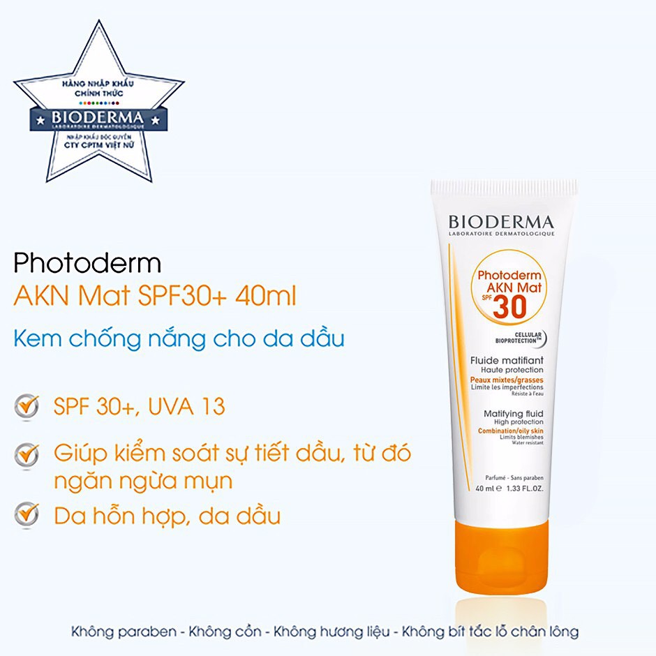 Bioderma Kem chống nắng dành cho da hỗn hợp, da dầu đến da mụn Bioderma Photoderm AKN Mat SPF30 40ml