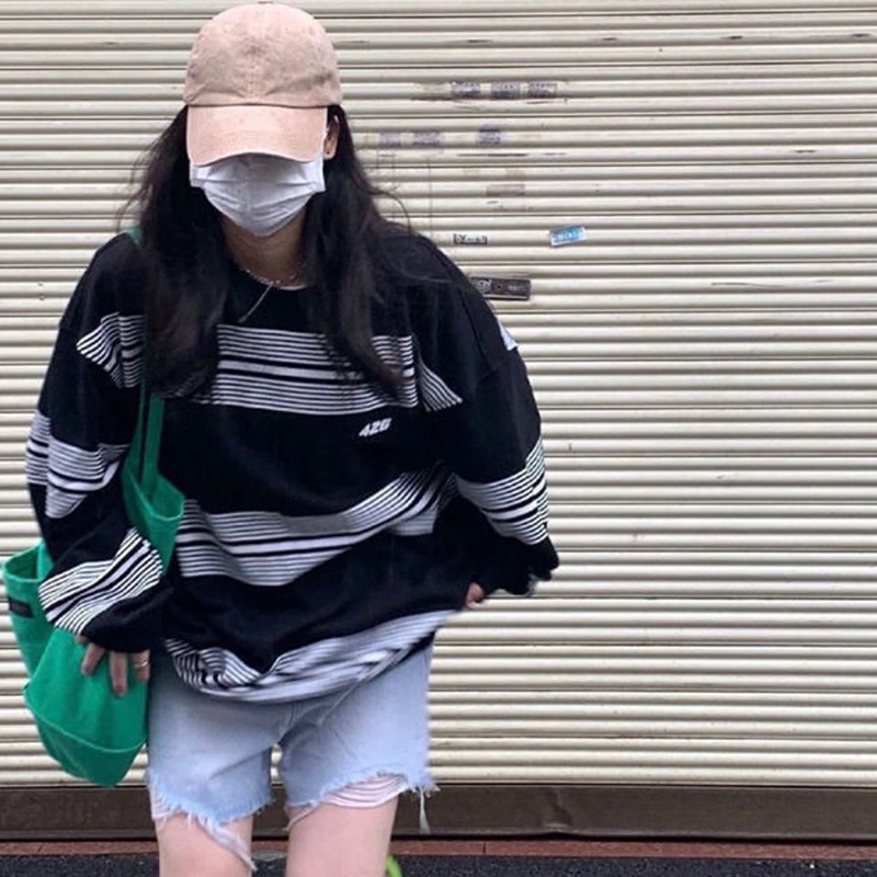 Áo Sweater Cổ Tròn Tay Dài Dáng Rộng Kẻ Sọc Kiểu Retro Đường Phố Cho Nữ