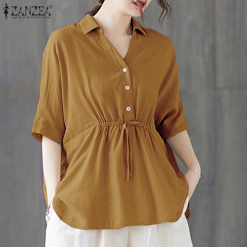 Áo sơ mi ZANZEA tay lửng cổ chữ v thời trang dành cho nữ