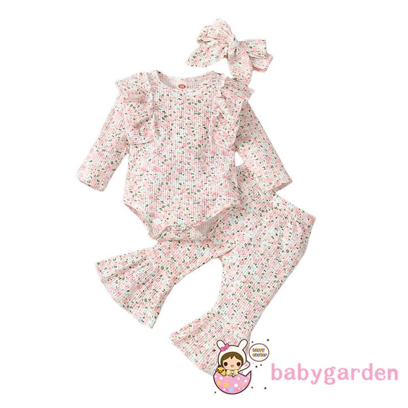 Set đồ 3 món áo liền thân tay dài phối bèo + quần dài ống loe in hoa + băng đô thời trang mùa thu cho bé gái