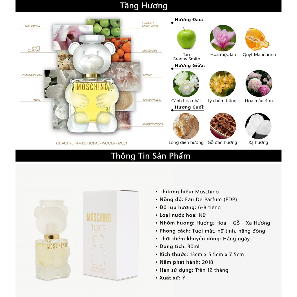 Nước hoa nữ thơm lâu MOSCHINO Toy 2 EDP  hương Trái Cây táo quýt nho trắng - Hoa mộc lan mẫu đơn lài