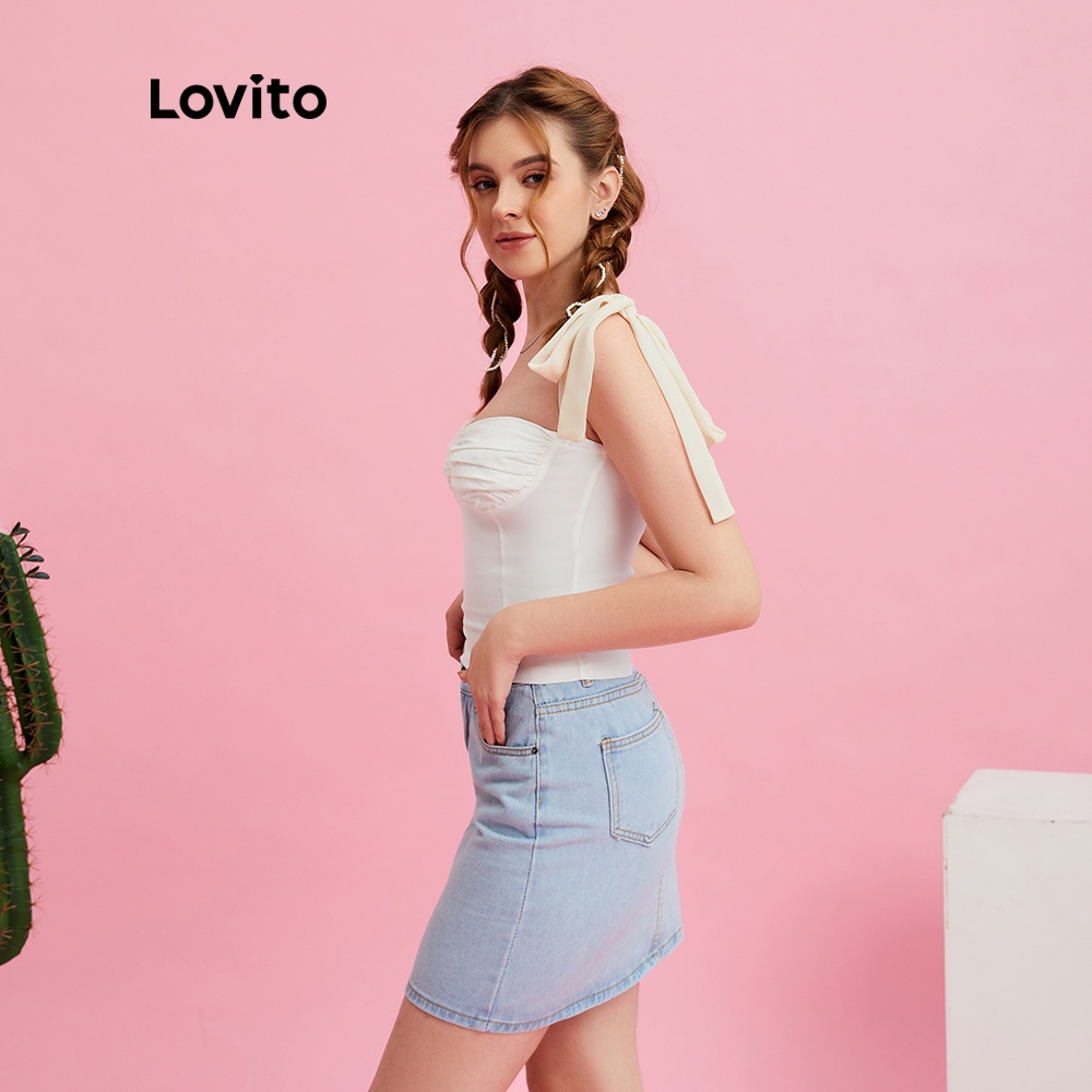 Áo ba lỗ Lovito màu trơn cột dây hở vai buộc nút phía trước xếp nếp L10952 (màu trắng)