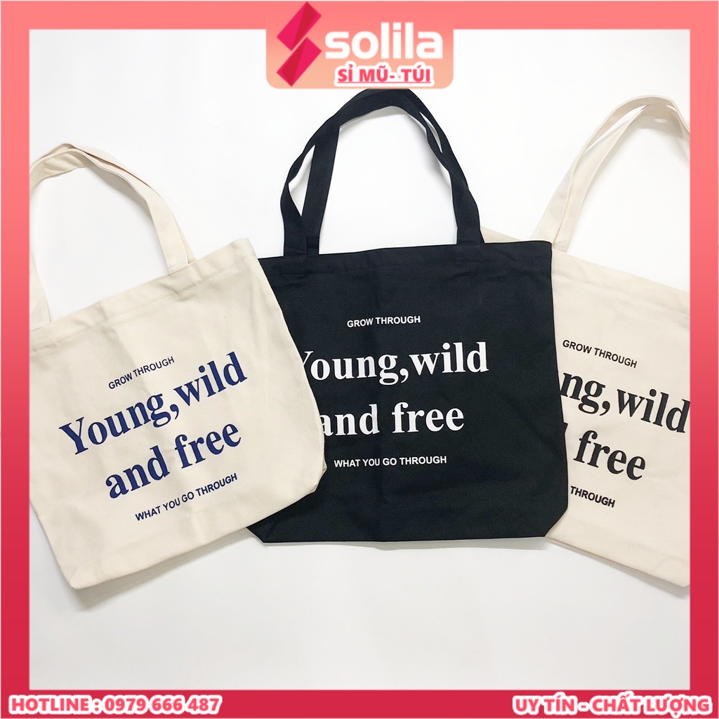 Túi vải canvas cao cấp Young Wild And Free khổ vuông phong cách Hàn Quốc