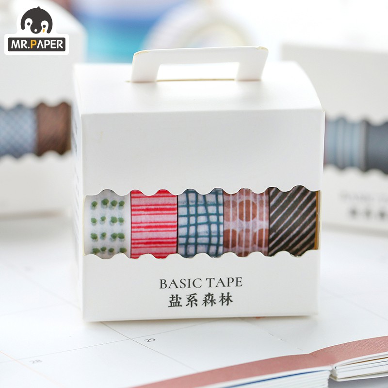 Hộp 5 cuộn băng keo Washi trang trí 8 kiểu dáng tùy chọn