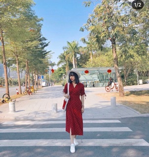 Đầm maxi bi đỏ cột eo - Hình thật