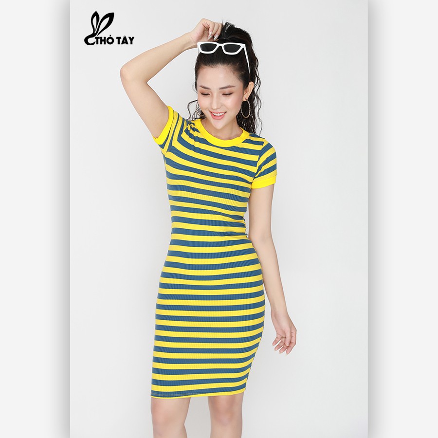 Đầm body thun kẻ sọc THỎ TÂY D215B389