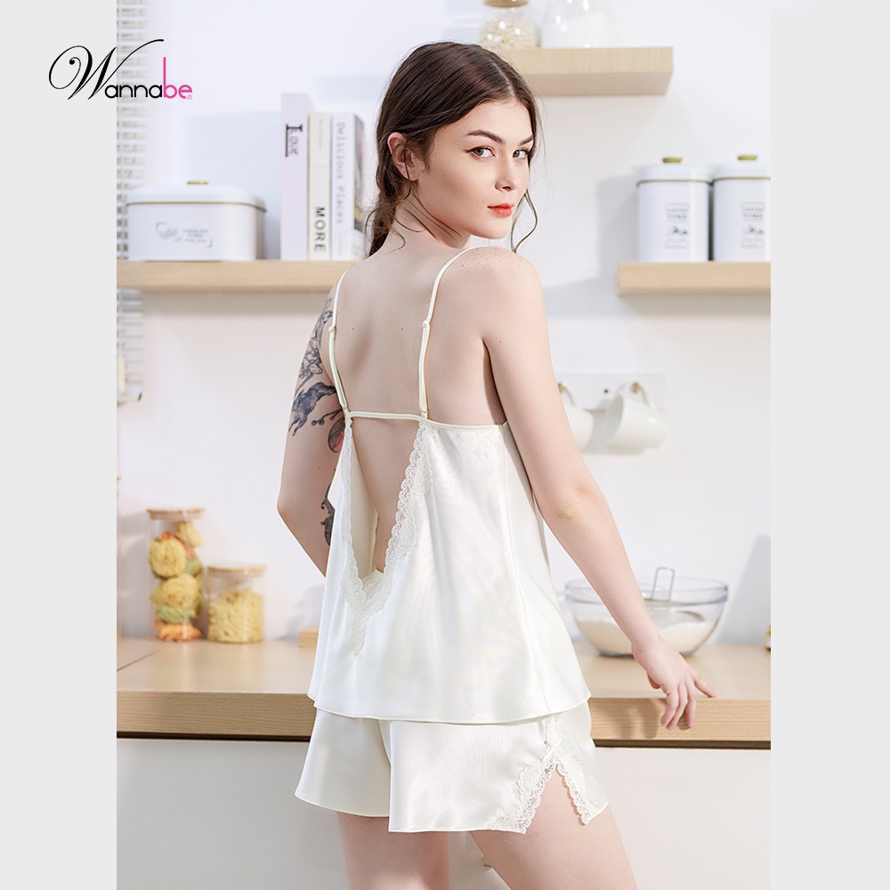 Đồ bộ mặc nhà phi lụa cao cấp WANNABE BSS39 bộ sọt lưng cut-out viền ren gợn sóng trẻ trung quyến rũ