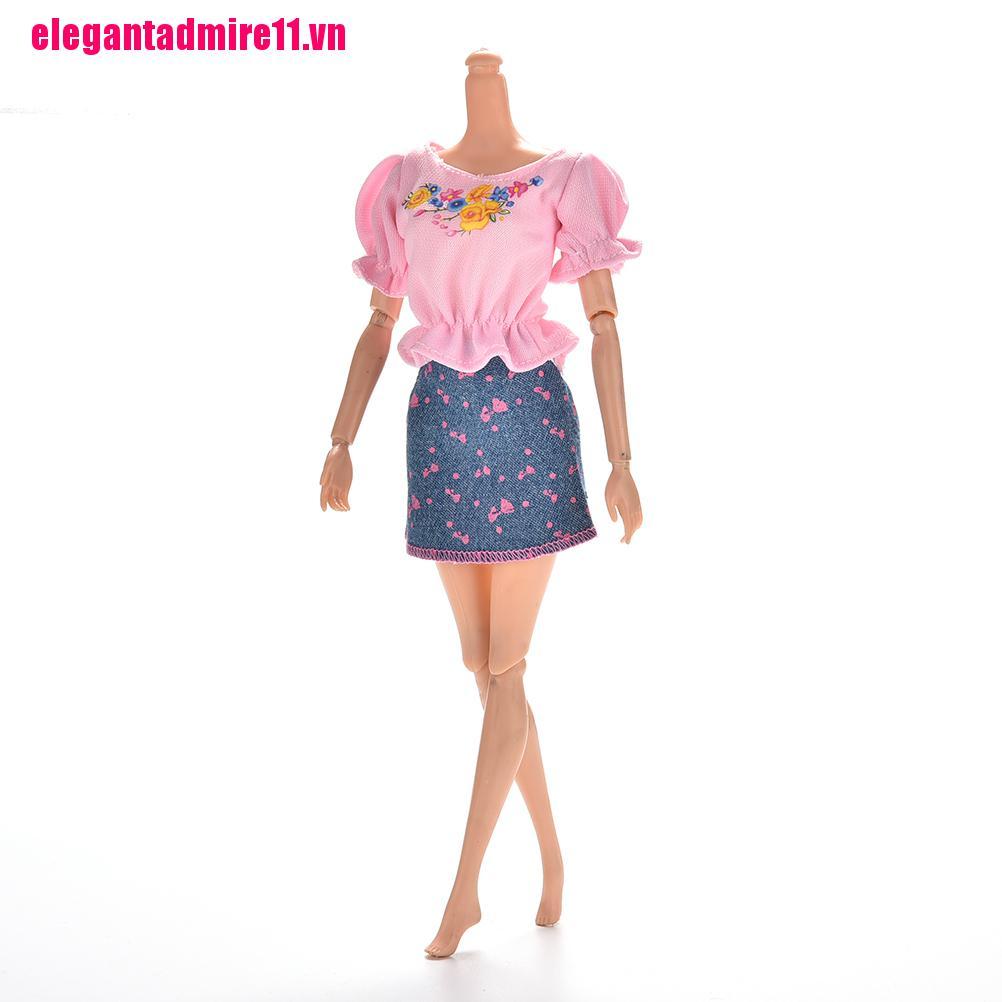 Bộ 2 Áo Thun Màu Hồng + chân váy jean Xanh Dành Cho Búp Bê Barbie