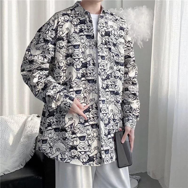 Korean Style Graffiti Cartoon Long Sleeve Shirt For Men