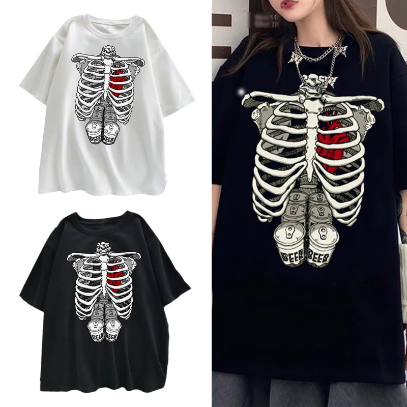 Brroa Áo Thun Tay Ngắn In Hình Bộ Xương Phong Cách Harajuku Nhật Bản Cho Nam Nữ