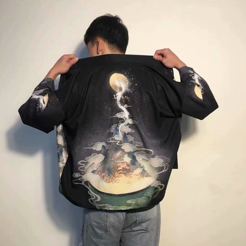 Áo Kimono In Hình Mặt Trăng Phong Cách Nhật Bản Cho Nam Nữ