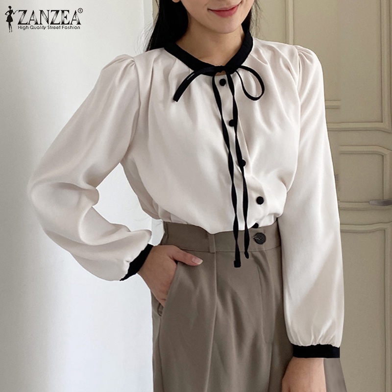 Áo kiểu ZANZEA tay dài cổ tròn phối nút và dây rút thời trang cho nữ
