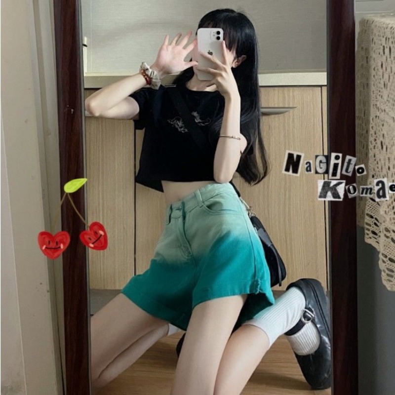 Quần Short Denim Lưng Cao Ống Rộng Phối Màu Gradient Thời Trang Hàn Quốc Cá Tính Dành Cho Nữ S-2Xl