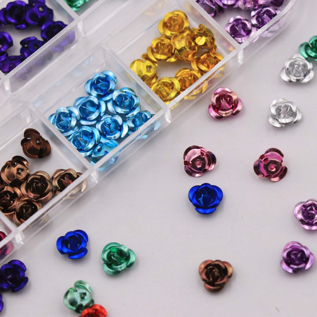 [Hàng mới về] Hộp Phụ Kiện Hạt Trang Trí Móng Tay Họa Tiết Hoa 3D Bằng Kim Loại