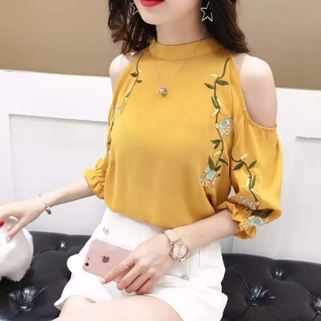 Áo sơ mi voan, trễ vai, cổ tròn, áo sơmi kiểu nữ phong cách Hàn quốc