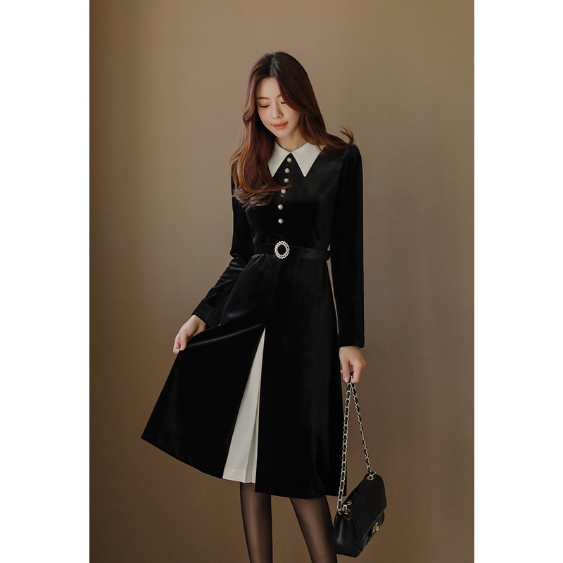 Thời trang nữ bộ set đầm dự tiệc công sở dạ hội maxi nữ Yu House loại màu đen mix cổ áo trắng xinh xắn Hàn Quốc mã 00021