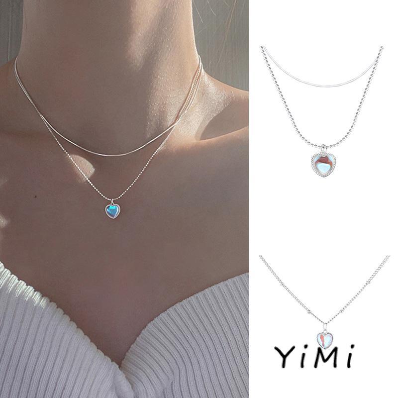 Vòng Cổ Choker Hai Lớp Đính Đá Mặt Trăng Trái Tim Màu Gradient Thời Trang Hàn Quốc Cho Nữ