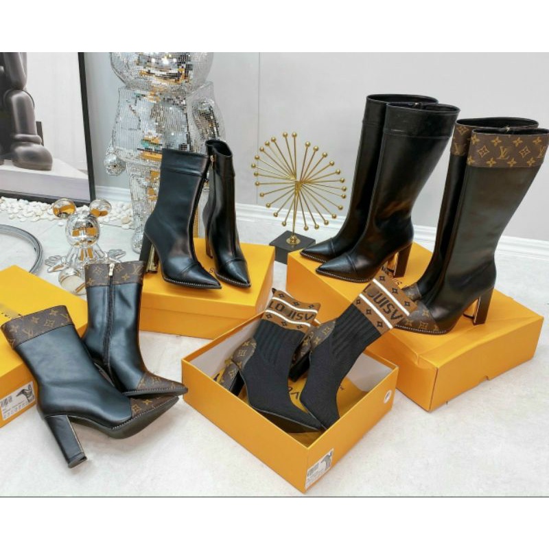 Boots gối LV da lì mũi nhọn vá mũi gót vuông