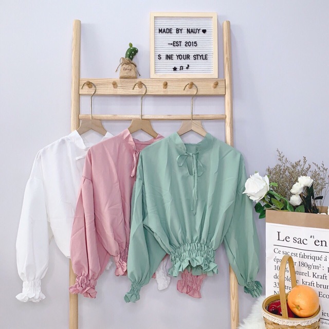Áo bánh bèo cổ tàu BIGOMALL - Áo Kiểu Tay Phồng Bo Eo