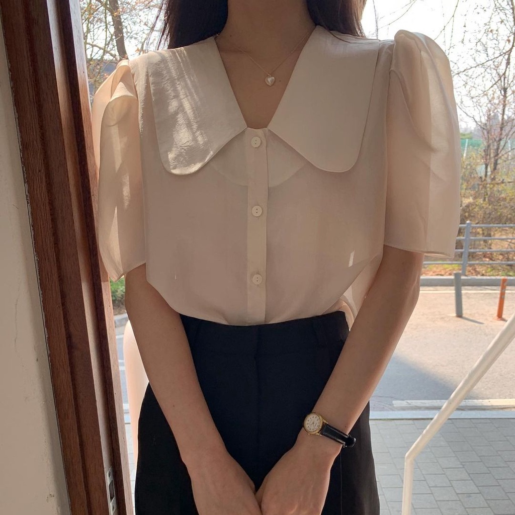 Áo Sơ Mi Tay Phồng Cổ Búp Bê Màu Trơn Dáng Rộng Dễ Phối Đồ Thời Trang Mùa Hè Cho Nữ