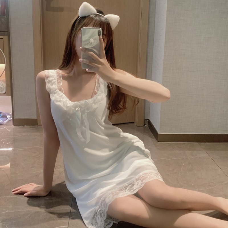 Jiashucheng Đầm Ngủ Hai Dây Phối Ren Mỏng Có Đệm Ngực Gợi Cảm Mặc Ở Nhà / Ngoài Trời