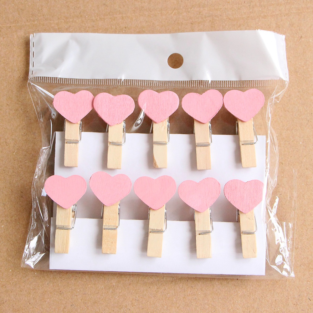 Bộ 10 Kẹp Ảnh Gỗ Hình Trái Tim Màu Hồng