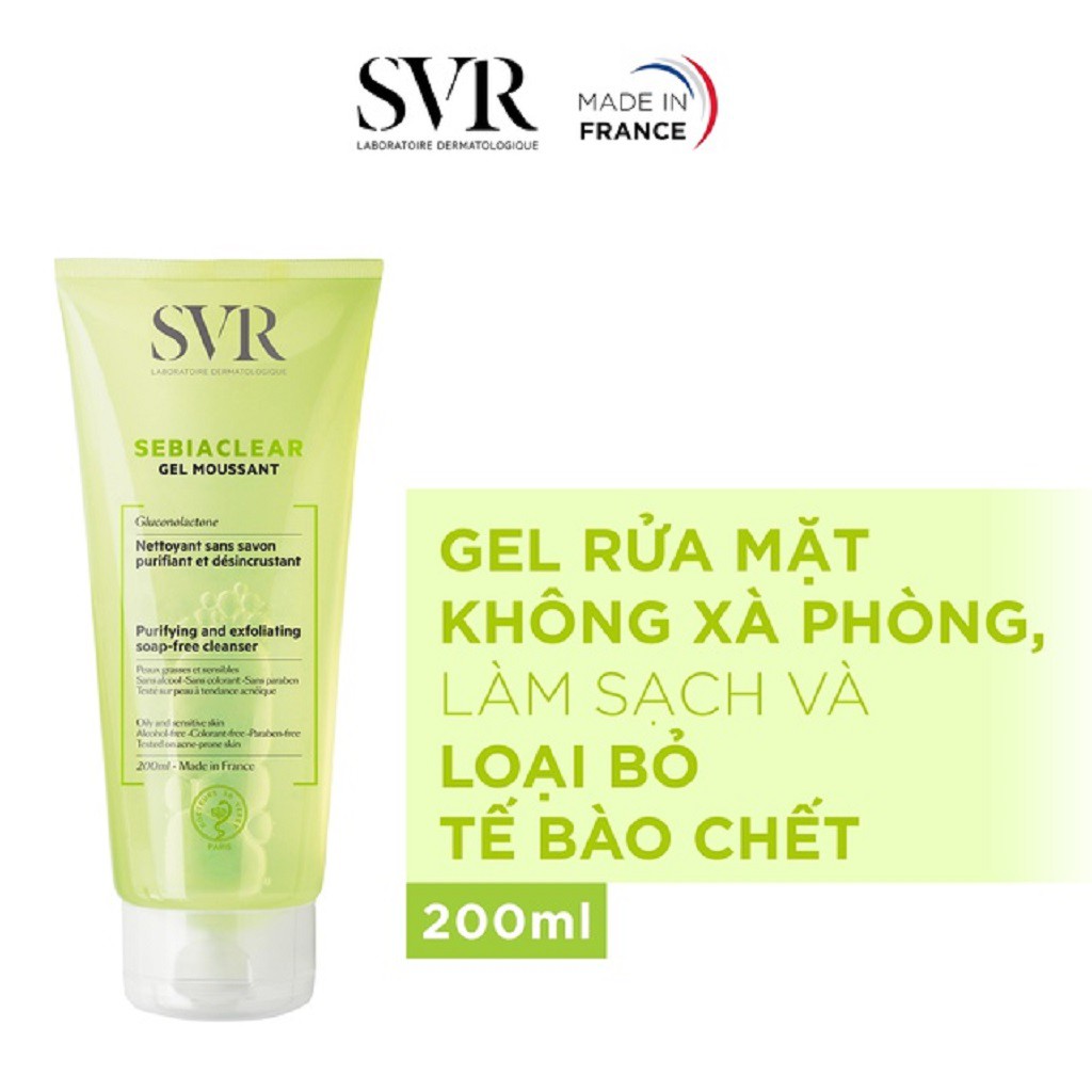 Gel Rửa Mặt Không Có Xà Phòng, Làm Sạch Và Loại Bỏ Tế Bào Da Chết SVR SEBIACLEAR Gel Moussant 200ml