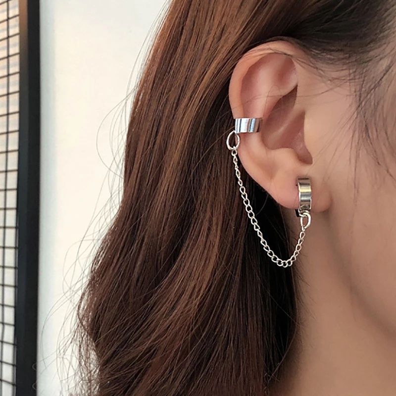 Khuyên Tai Dạng Dây Xích Bằng Thép Không Gỉ Màu Bạc Thời Trang Phong Cách Punk Unisex