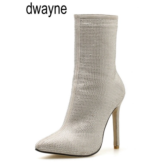 Giày Bốt Cao Gót Đính Đá Có Khóa Kéo plus size 35-42