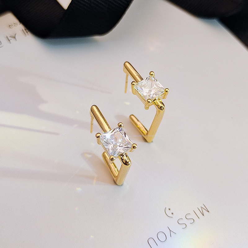 [Jiudolan] Khuyên Tai Hình Học Không Đều Màu Vàng / Bạc Đính Đá Zircon Sáng Bóng Độc Đáo Phong Cách Vintage Thời Trang