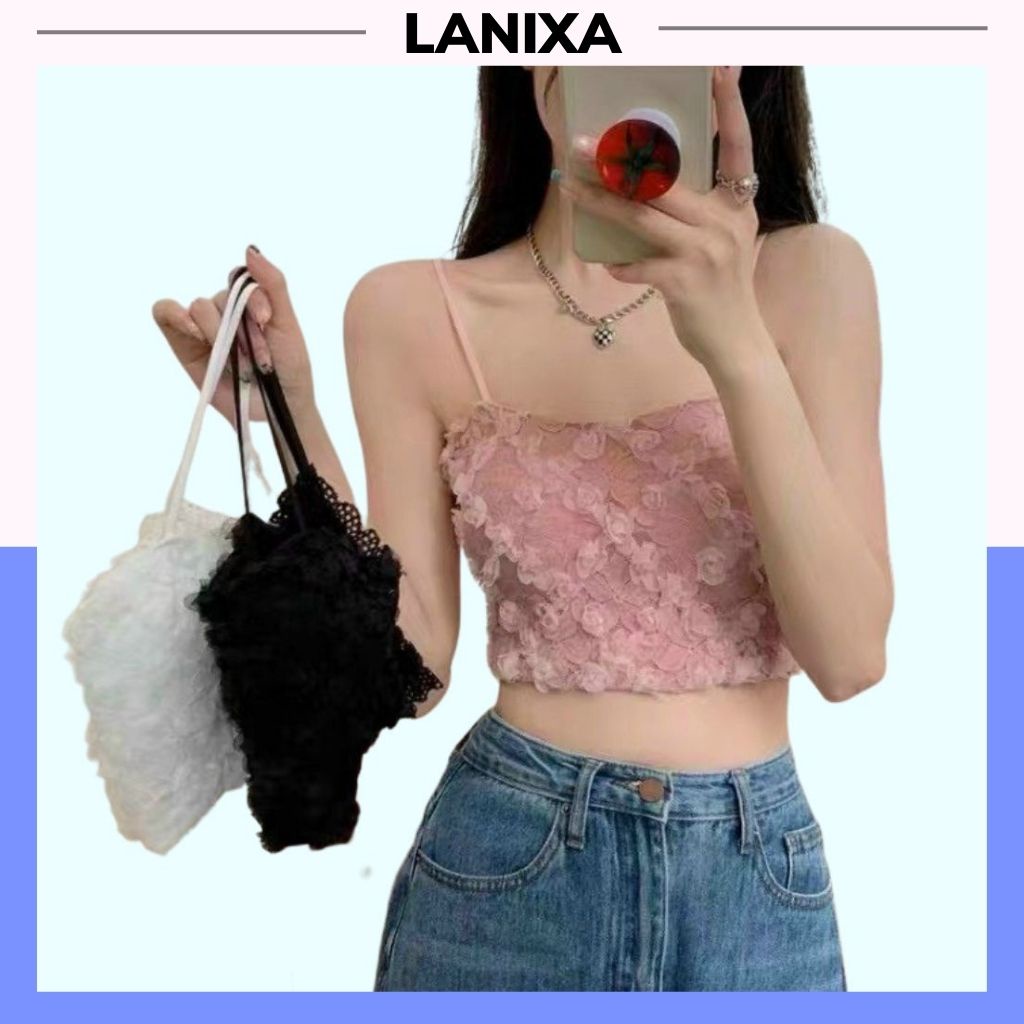 Áo bra nữ 2 dây ren hoa hồng phong cách croptop cực đẹp và dễ thương, Áo lót đệm mút mỏng mềm mại LANIXA B3653